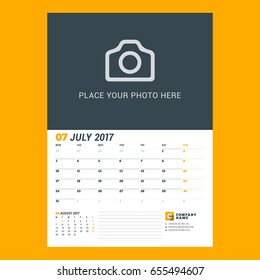 Calendar planner template for July 2017. Week starts on Monday. Design print vector template isolated on color background