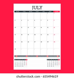 Calendar planner template for July 2017. Week starts on Monday. Design print vector template isolated on color background