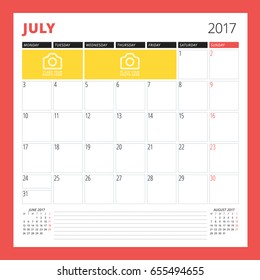 Calendar planner template for July 2017. Week starts on Monday. Design print vector template isolated on color background
