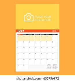 Calendar planner template for July 2017. Week starts on Sunday. Design print vector template isolated on color background