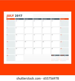 Calendar planner template for July 2017. Week starts on Sunday. Design print vector template isolated on color background
