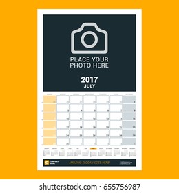 Calendar planner template for July 2017. Week starts on Sunday. Design print vector template isolated on color background