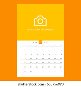 Calendar planner template for July 2017. Week starts on Sunday. Design print vector template isolated on color background