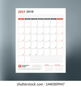 Calendar planner template for July 2019. Design print vector template