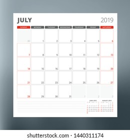 Calendar planner template for July 2019. Design print vector template