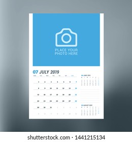 Calendar planner template for July 2019. Design print vector template