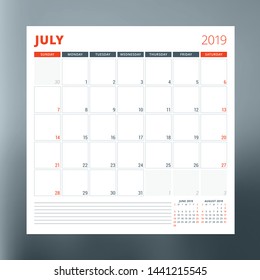 Calendar planner template for July 2019. Design print vector template