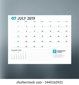 Calendar planner template for July 2019. Design print vector template