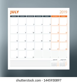Calendar planner template for July 2019. Design print vector template