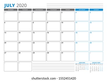 Calendar planner template for July 2020. Stationery Design. Week starts on Monday. 3 Months on the Page. Vector Illustration