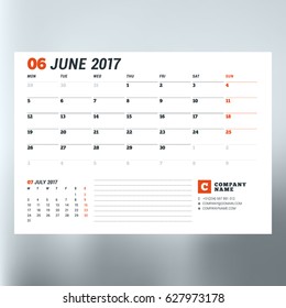 Calendar planner template for June 2017. Week starts Monday. Design print vector template isolated on blurred background