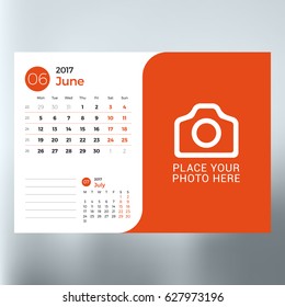 Calendar planner template for June 2017. Week starts Monday. Design print vector template isolated on blurred background