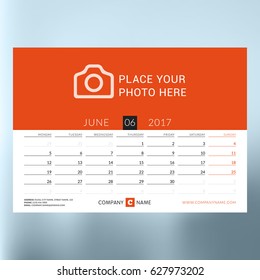 Calendar planner template for June 2017. Week starts Monday. Design print vector template isolated on blurred background