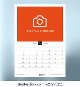 Calendar planner template for June 2017. Week starts Monday. Design print vector template isolated on blurred background