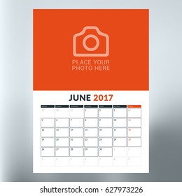 Calendar planner template for June 2017. Week starts Monday. Design print vector template isolated on blurred background