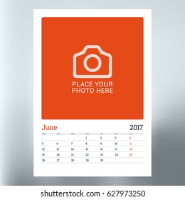 Calendar planner template for June 2017. Week starts Monday. Design print vector template isolated on blurred background
