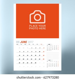 Calendar planner template for June 2017. Week starts Monday. Design print vector template isolated on blurred background