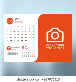 Calendar planner template for June 2017. Week starts Monday. Design print vector template isolated on blurred background