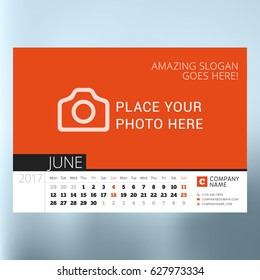 Calendar planner template for June 2017. Week starts Monday. Design print vector template isolated on blurred background