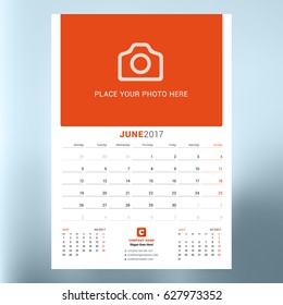 Calendar planner template for June 2017. Week starts Monday. Design print vector template isolated on blurred background
