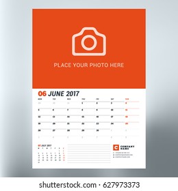 Calendar planner template for June 2017. Week starts Monday. Design print vector template isolated on blurred background