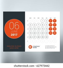 Calendar planner template for June 2017. Week starts Monday. Design print vector template isolated on blurred background