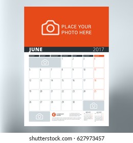 Calendar planner template for June 2017. Week starts Monday. Design print vector template isolated on blurred background