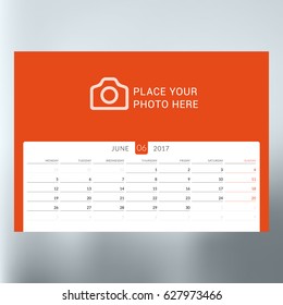 Calendar planner template for June 2017. Week starts Monday. Design print vector template isolated on blurred background