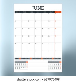 Calendar planner template for June 2017. Week starts Monday. Design print vector template isolated on blurred background