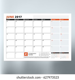 Calendar planner template for June 2017. Week starts Monday. Design print vector template isolated on blurred background