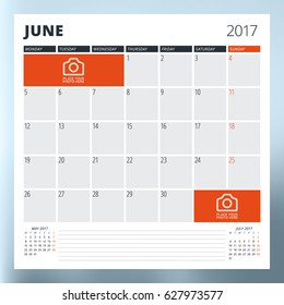 Calendar planner template for June 2017. Week starts Monday. Design print vector template isolated on blurred background