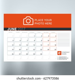 Calendar planner template for June 2017. Week starts Monday. Design print vector template isolated on blurred background