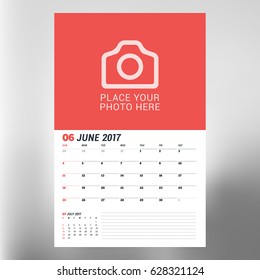 Calendar planner template for June 2017. Week starts Sunday. Design print vector template isolated on blurred background