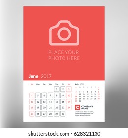 Calendar planner template for June 2017. Week starts Sunday. Design print vector template isolated on blurred background