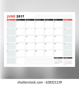 Calendar planner template for June 2017. Week starts Sunday. Design print vector template isolated on blurred background