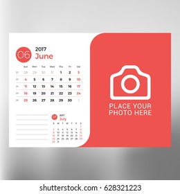 Calendar planner template for June 2017. Week starts Sunday. Design print vector template isolated on blurred background