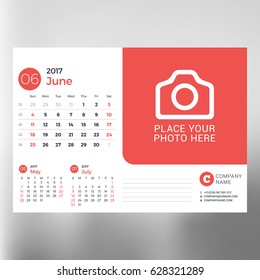 Calendar planner template for June 2017. Week starts Sunday. Design print vector template isolated on blurred background