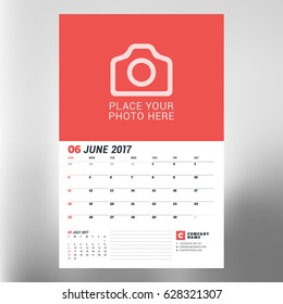 Calendar planner template for June 2017. Week starts Sunday. Design print vector template isolated on blurred background