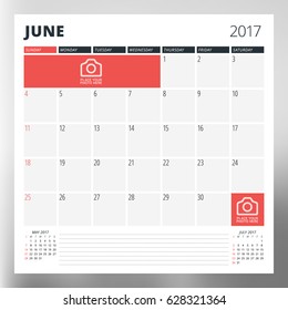 Calendar planner template for June 2017. Week starts Sunday. Design print vector template isolated on blurred background