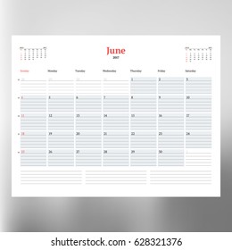 Calendar planner template for June 2017. Week starts Sunday. Design print vector template isolated on blurred background