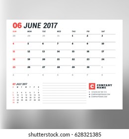 Calendar planner template for June 2017. Week starts Sunday. Design print vector template isolated on blurred background