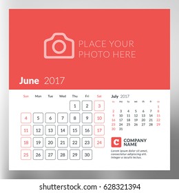 Calendar planner template for June 2017. Week starts Sunday. Design print vector template isolated on blurred background