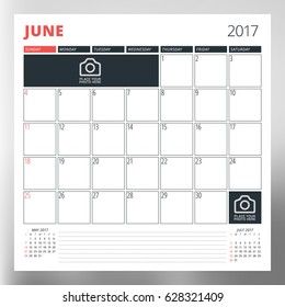 Calendar planner template for June 2017. Week starts Sunday. Design print vector template isolated on blurred background