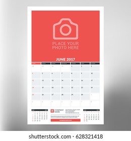 Calendar planner template for June 2017. Week starts Sunday. Design print vector template isolated on blurred background