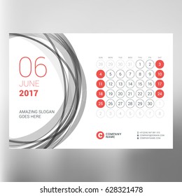 Calendar planner template for June 2017. Week starts Sunday. Design print vector template isolated on blurred background