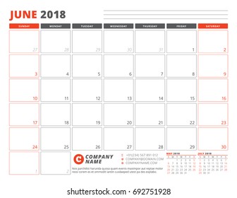 Calendar Planner Template for June 2018. Business Planner Template. Stationery Design. Week starts on Sunday. 3 Months on the Page. Vector Illustration
