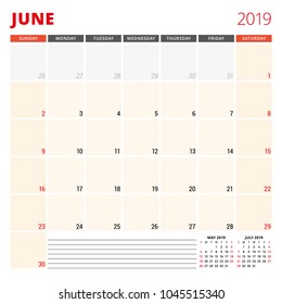 Calendar planner template for June 2019. Week starts on Sunday. Vector illustration