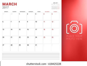 Calendar Planner Template for March 2017. Week Starts Monday. Place for Photo. Stationery Design. Vector Illustration