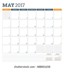 Calendar Planner Template for May 2017. Week Starts Sunday. 3 Months on Page. Place for Notes. Stationery Design. Vector Calendar Template