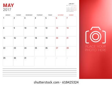 Calendar Planner Template for May 2017. Week Starts Monday. Place for Photo. Stationery Design. Vector Illustration